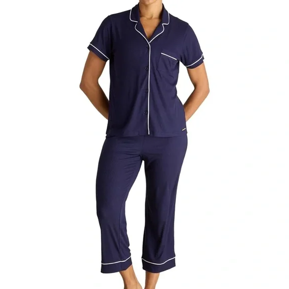BCBGMAXAZRIA Women's Pajama Set Short Sleeve Notch Collar with Pants-NAVY/WHITE - Picture 1 of 8